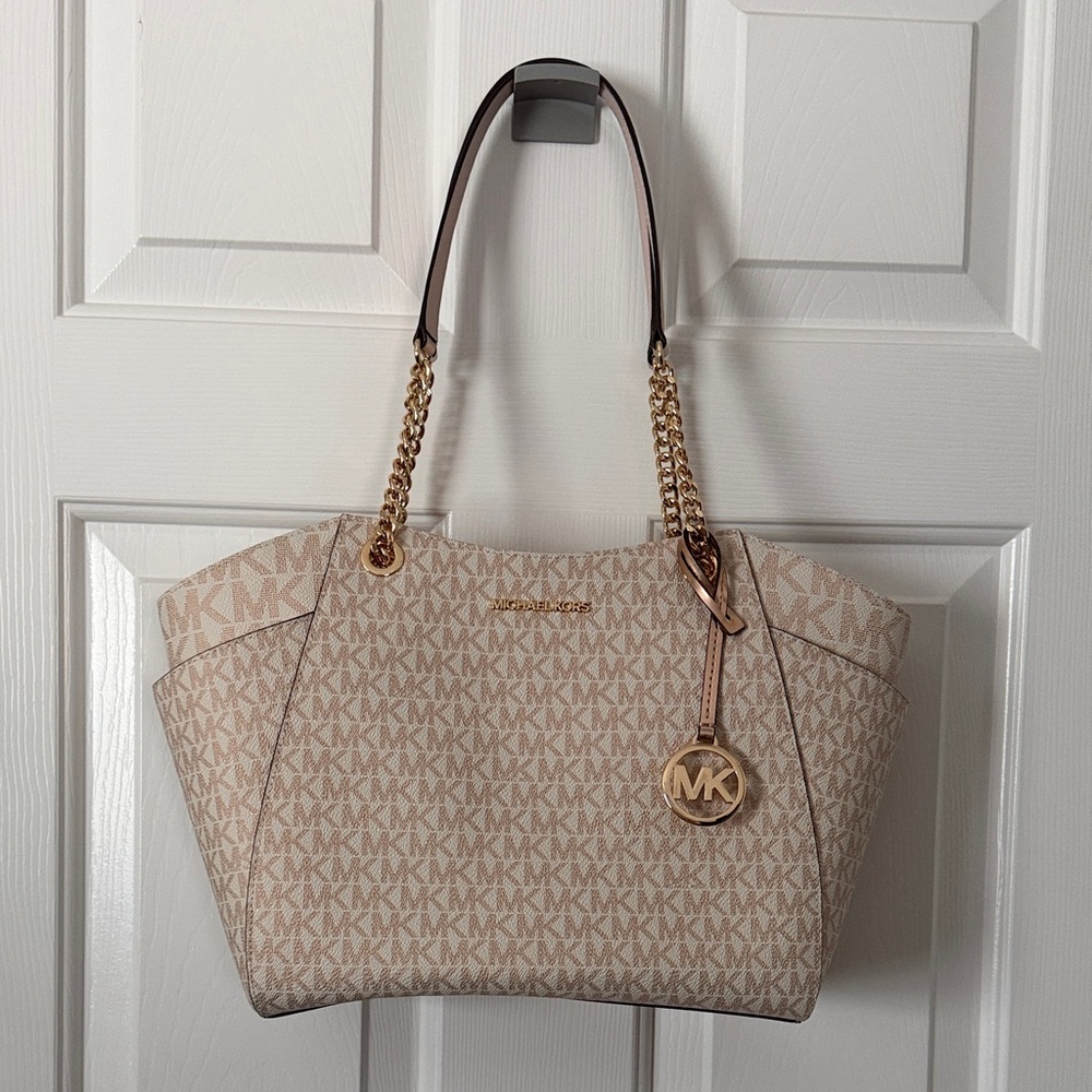 EUC - Michael Kors Vanilla & Pink Logo-Print Chain-Handle Tote